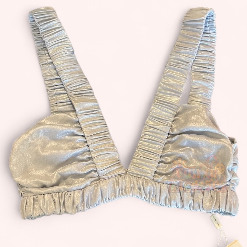 Magali Pascal Silver Foil Ruched Bralette Crop Top NWT Size S Sample Sale Luxury